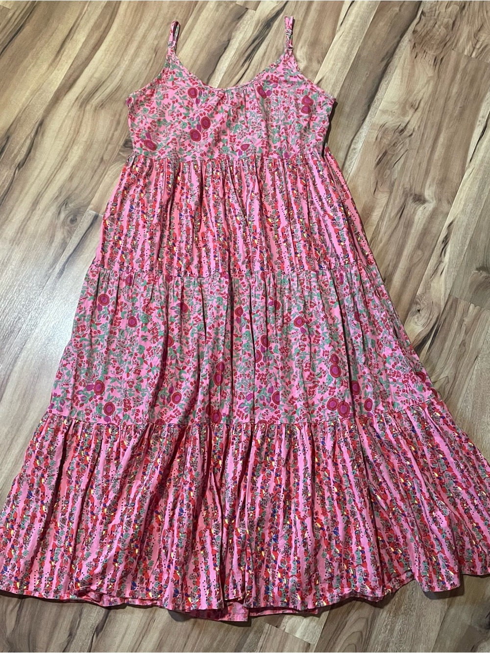 Chelsea & Theodore Pink Micro Floral Tiered Cotton Maxi Boho Dress Size L